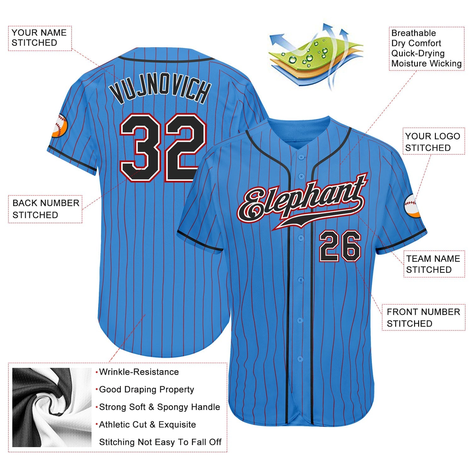 Custom Powder Blue Red Pinstripe Black-White Authentic Baseball Jersey view 3