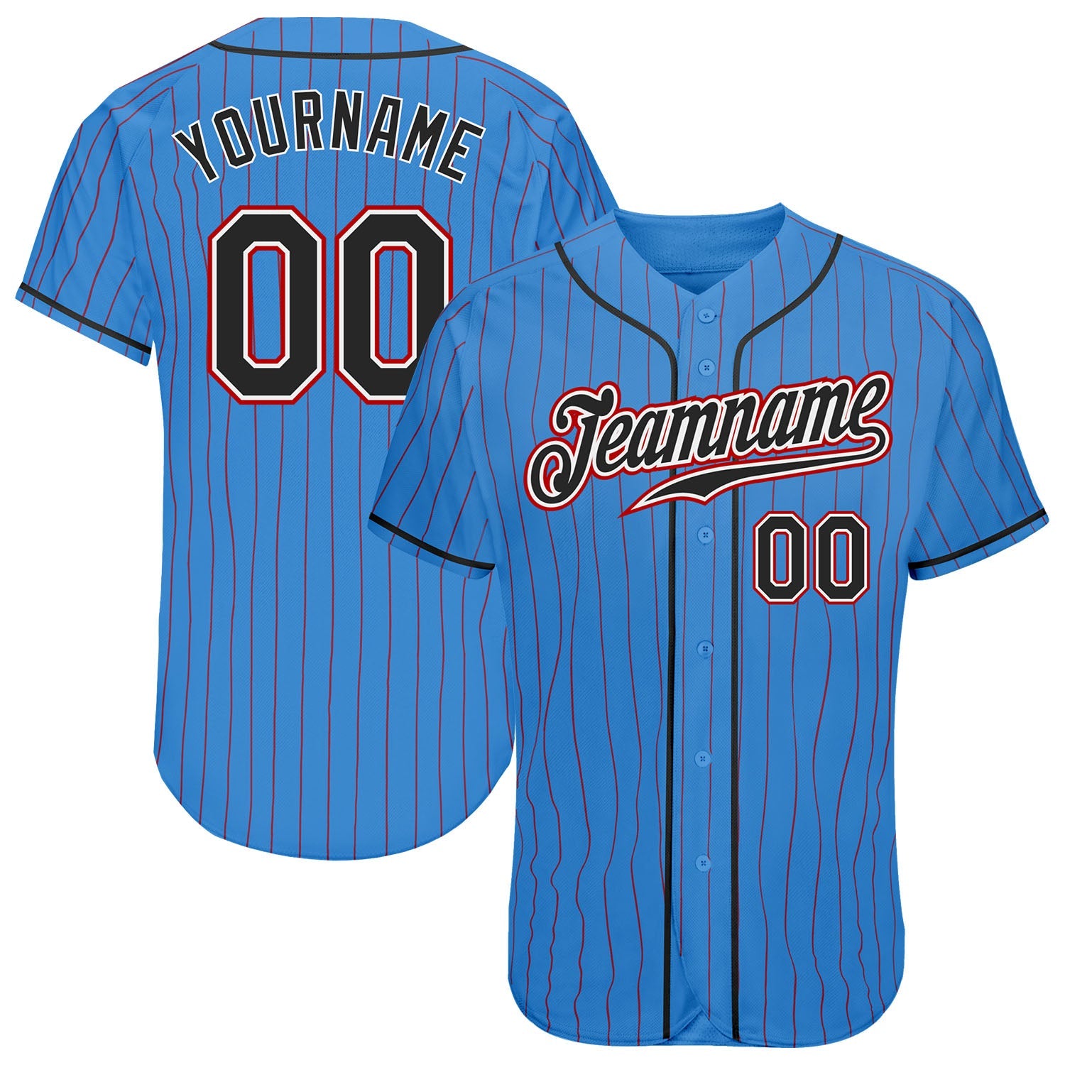 Custom Powder Blue Red Pinstripe Black-White Authentic Baseball Jersey - Main View