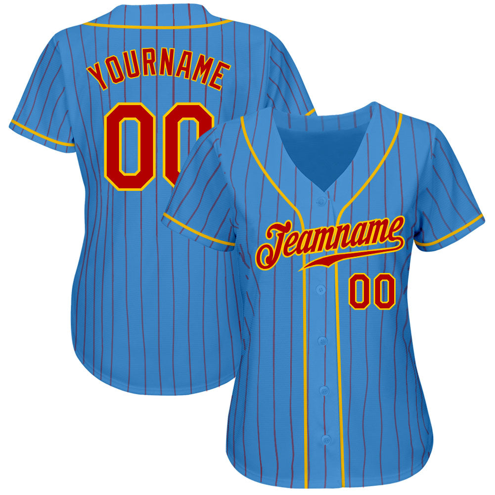 Custom Powder Blue Red Pinstripe Red-Gold Authentic Baseball Jersey view 2