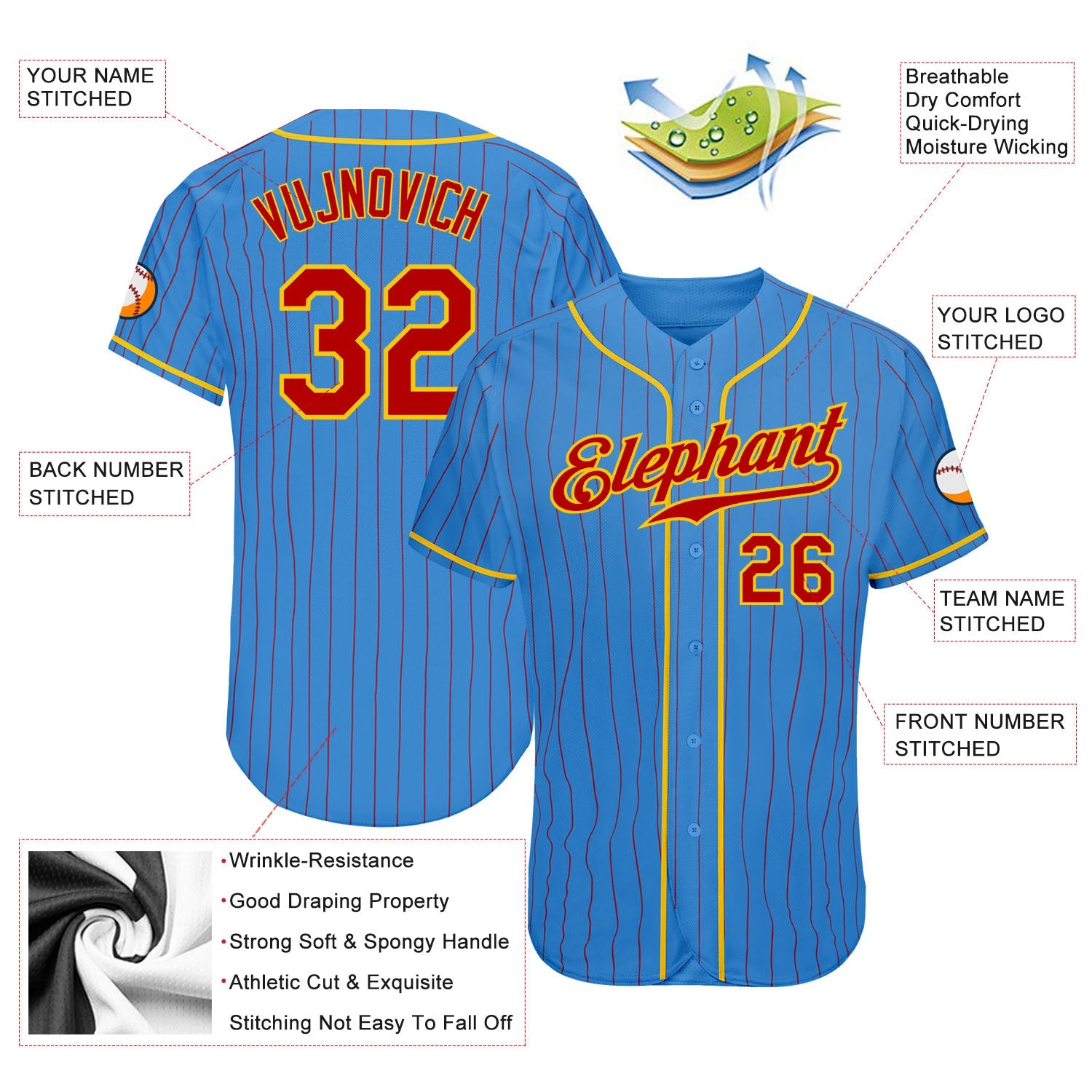 Custom Powder Blue Red Pinstripe Red-Gold Authentic Baseball Jersey view 3