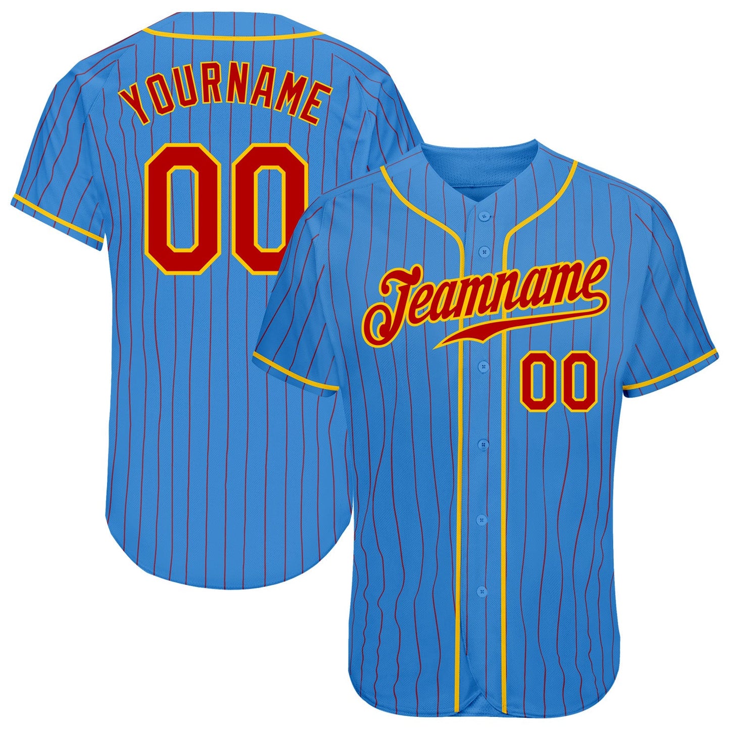 Custom Powder Blue Red Pinstripe Red-Gold Authentic Baseball Jersey - Main View