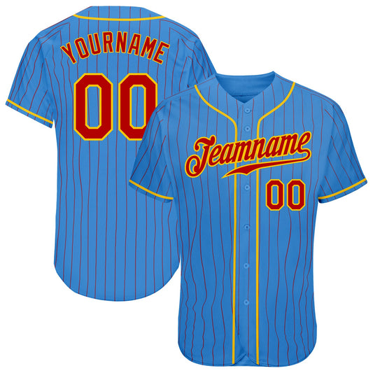 Custom Powder Blue Red Pinstripe Red-Gold Authentic Baseball Jersey - Main View