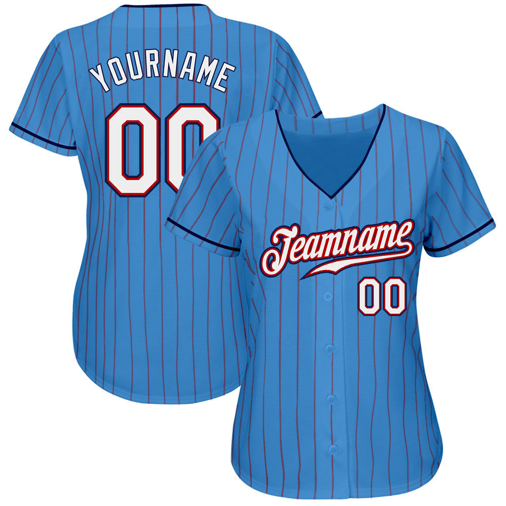 Custom Powder Blue Red Pinstripe White-Navy Authentic Baseball Jersey view 2
