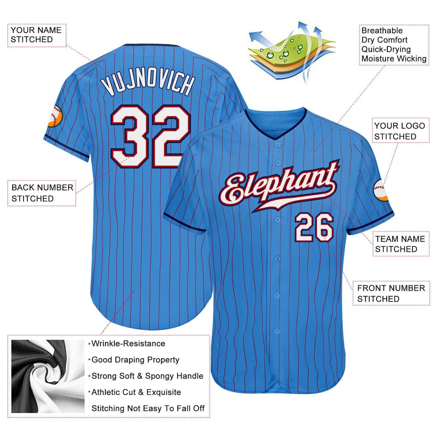 Custom Powder Blue Red Pinstripe White-Navy Authentic Baseball Jersey view 3