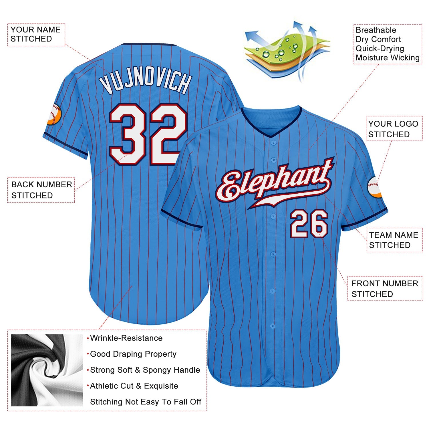 Custom Powder Blue Red Pinstripe White-Navy Authentic Baseball Jersey view 3
