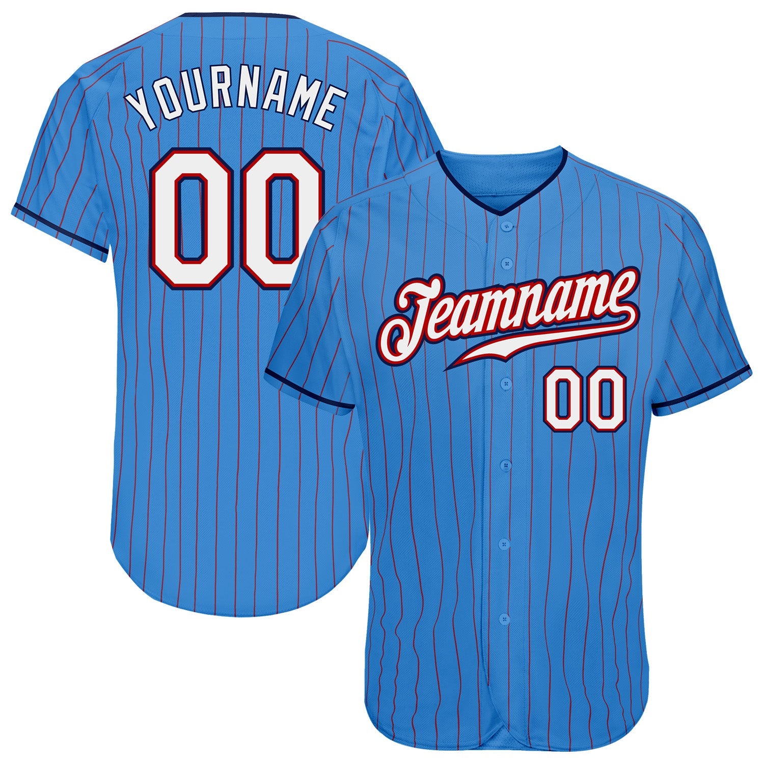 Custom Powder Blue Red Pinstripe White-Navy Authentic Baseball Jersey - Main View
