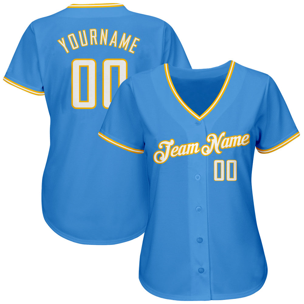 Custom Powder Blue White-Gold Authentic Baseball Jersey view 2