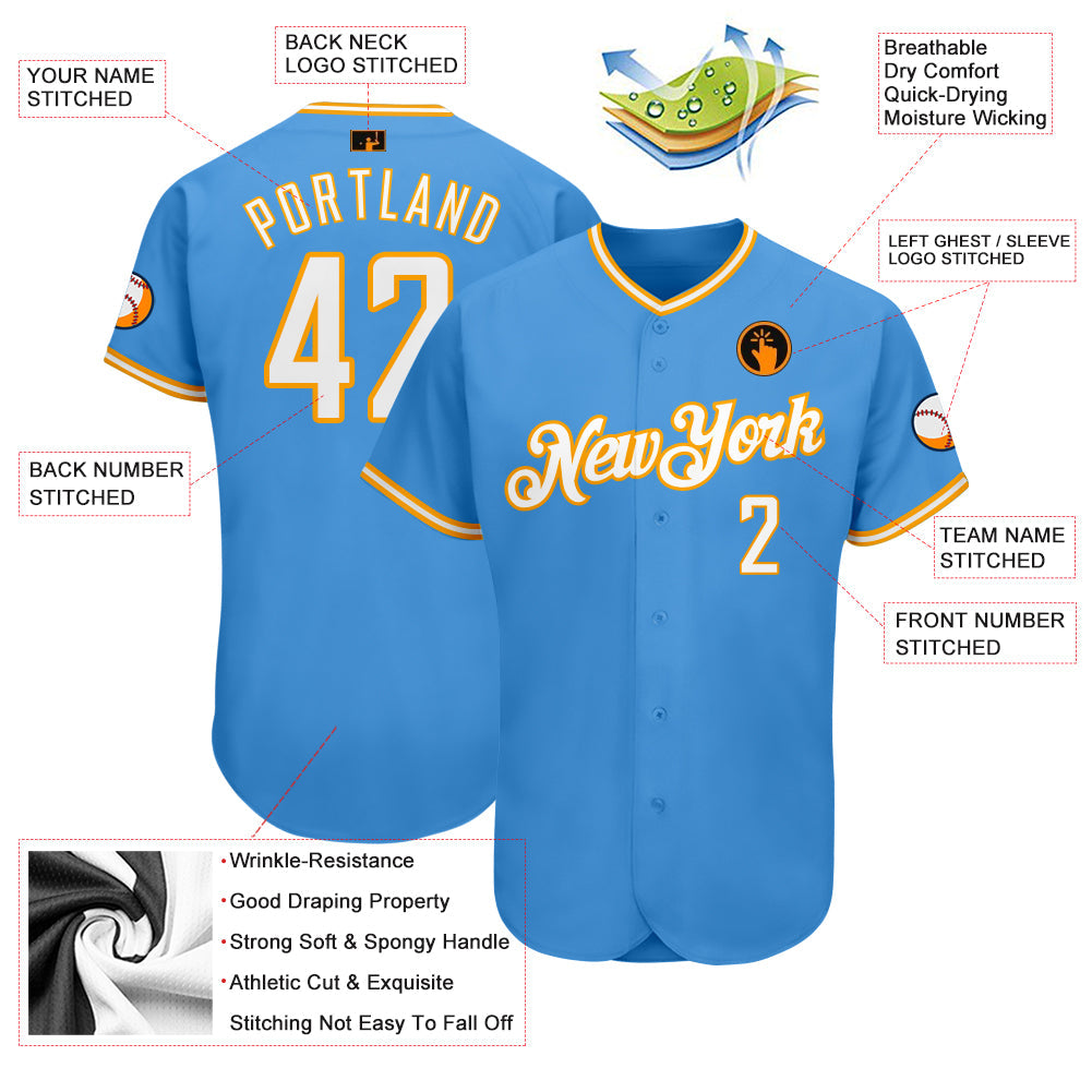 Custom Powder Blue White-Gold Authentic Baseball Jersey view 3