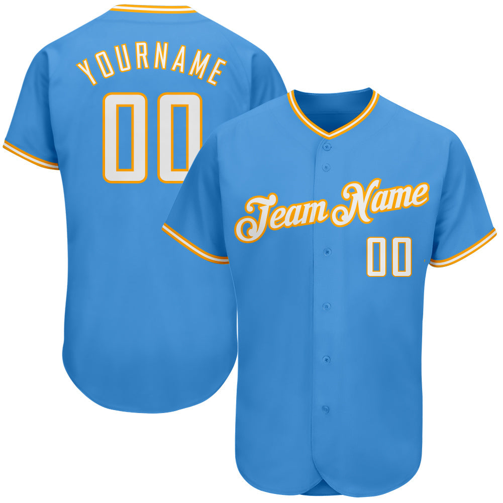 Custom Powder Blue White-Gold Authentic Baseball Jersey - Main View