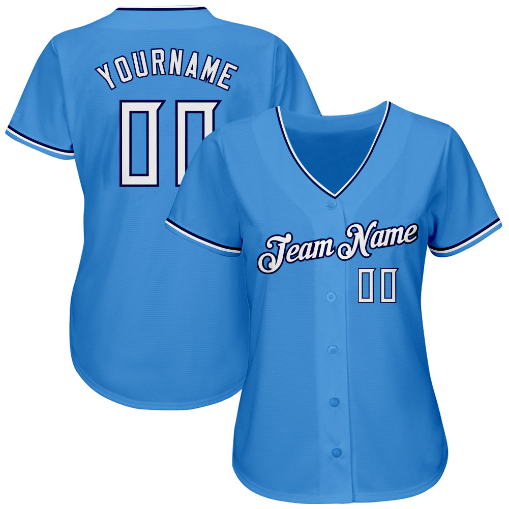 Custom Powder Blue White-Navy Authentic Baseball Jersey view 2