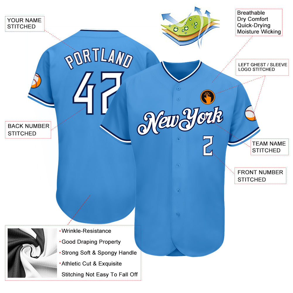 Custom Powder Blue White-Navy Authentic Baseball Jersey view 3