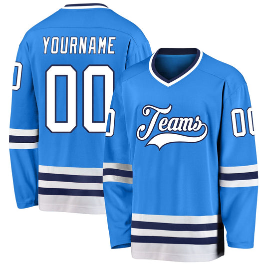 Custom Powder Blue White-Navy Hockey Jersey - Main View