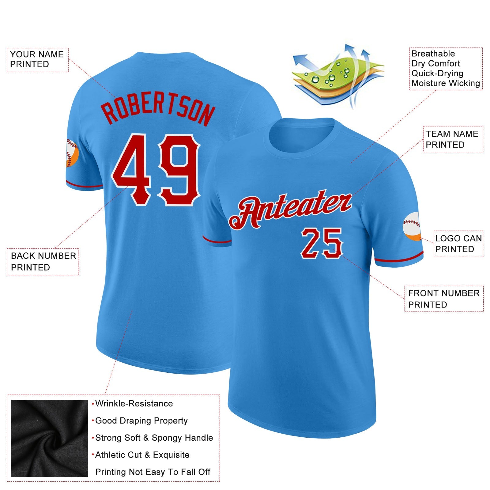 Custom Powder Blue Red-White Performance T-Shirt view 2