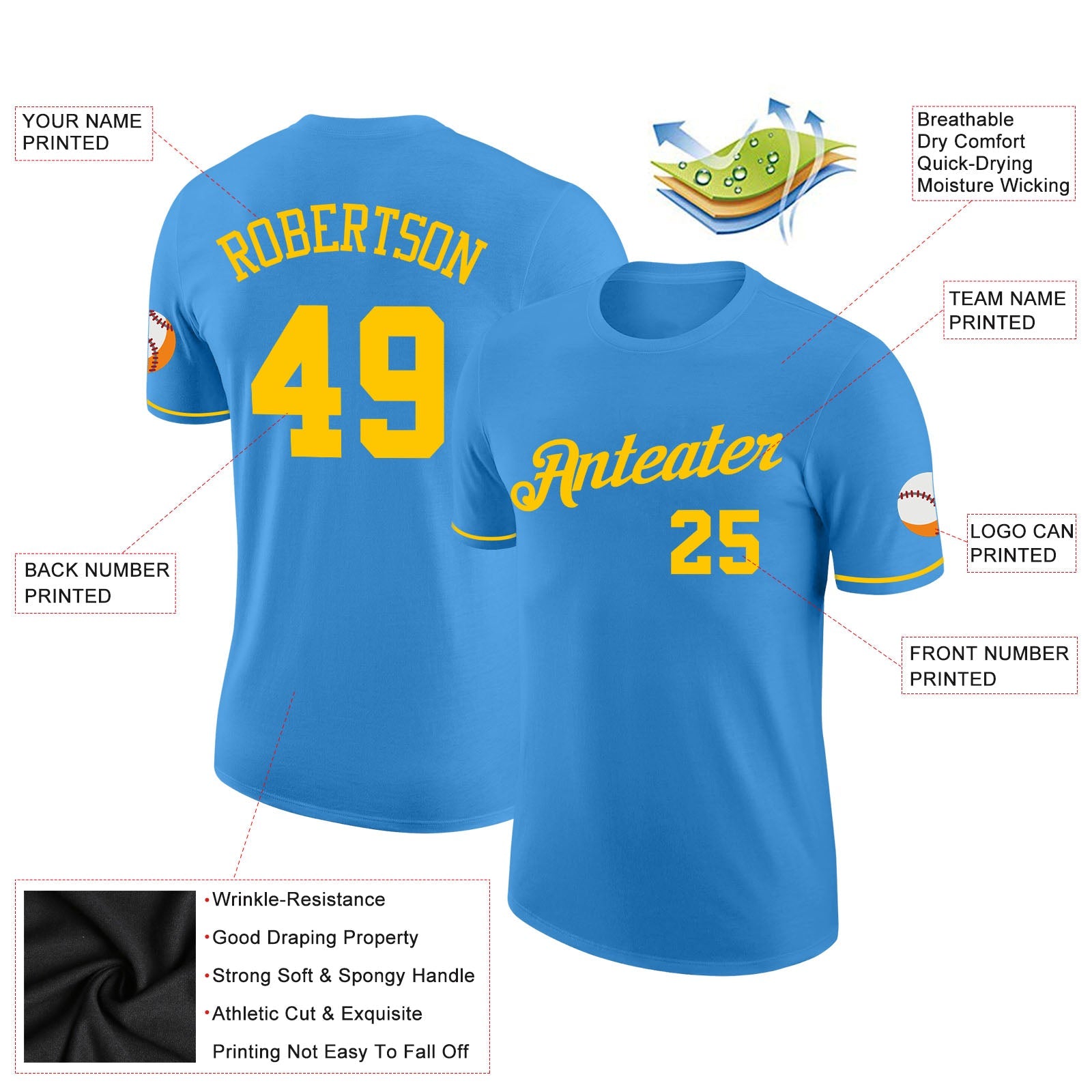Custom Powder Blue Gold Performance T-Shirt view 2