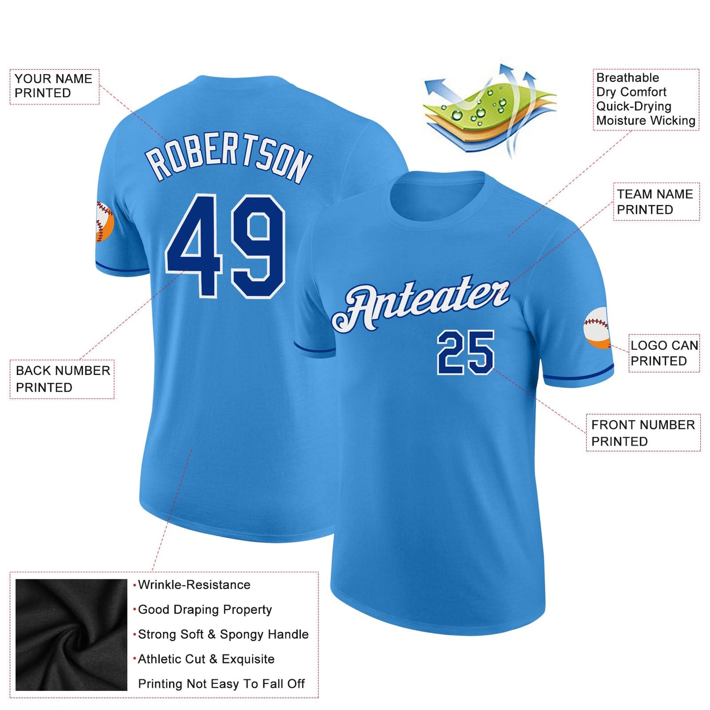 Custom Powder Blue Royal-White Performance T-Shirt view 2