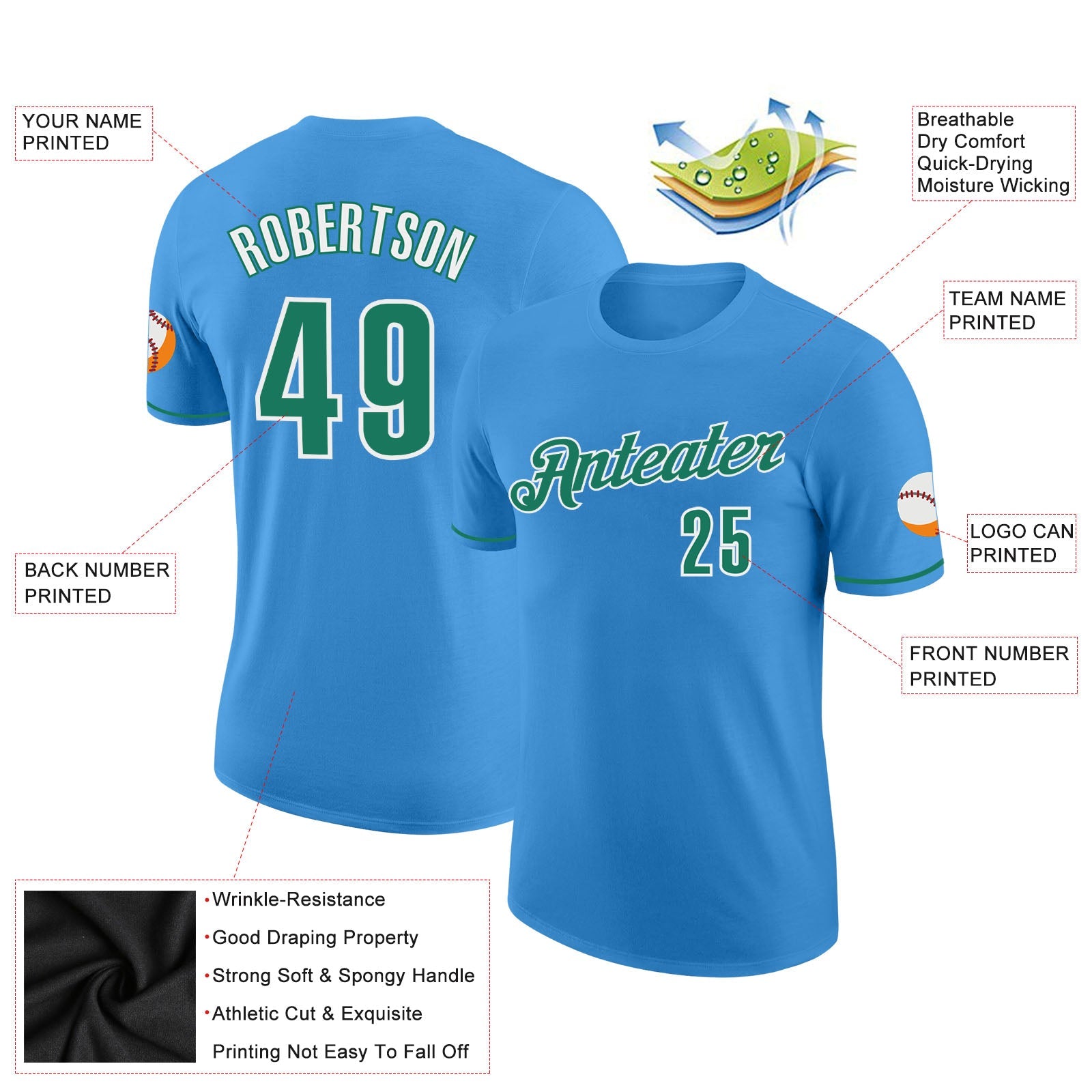 Custom Powder Blue Kelly Green-White Performance T-Shirt view 2