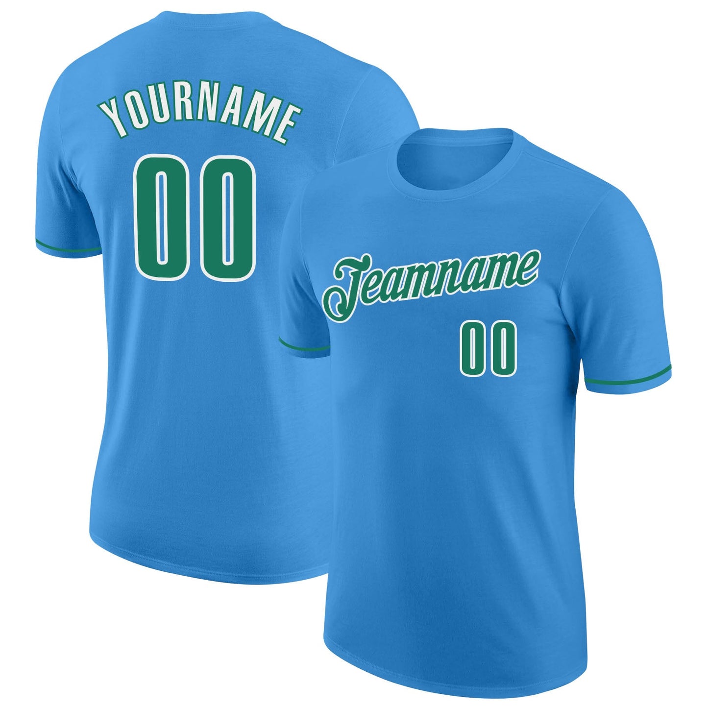 Custom Powder Blue Kelly Green-White Performance T-Shirt - Main View