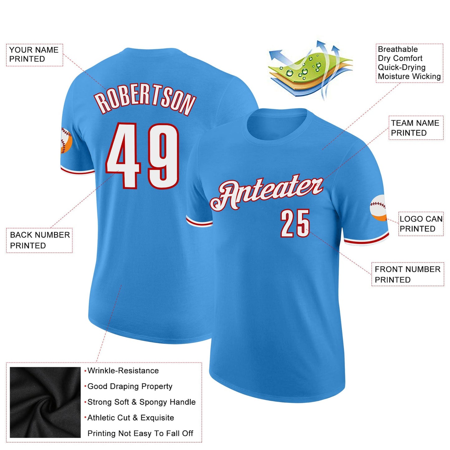 Custom Powder Blue White-Red Performance T-Shirt view 2