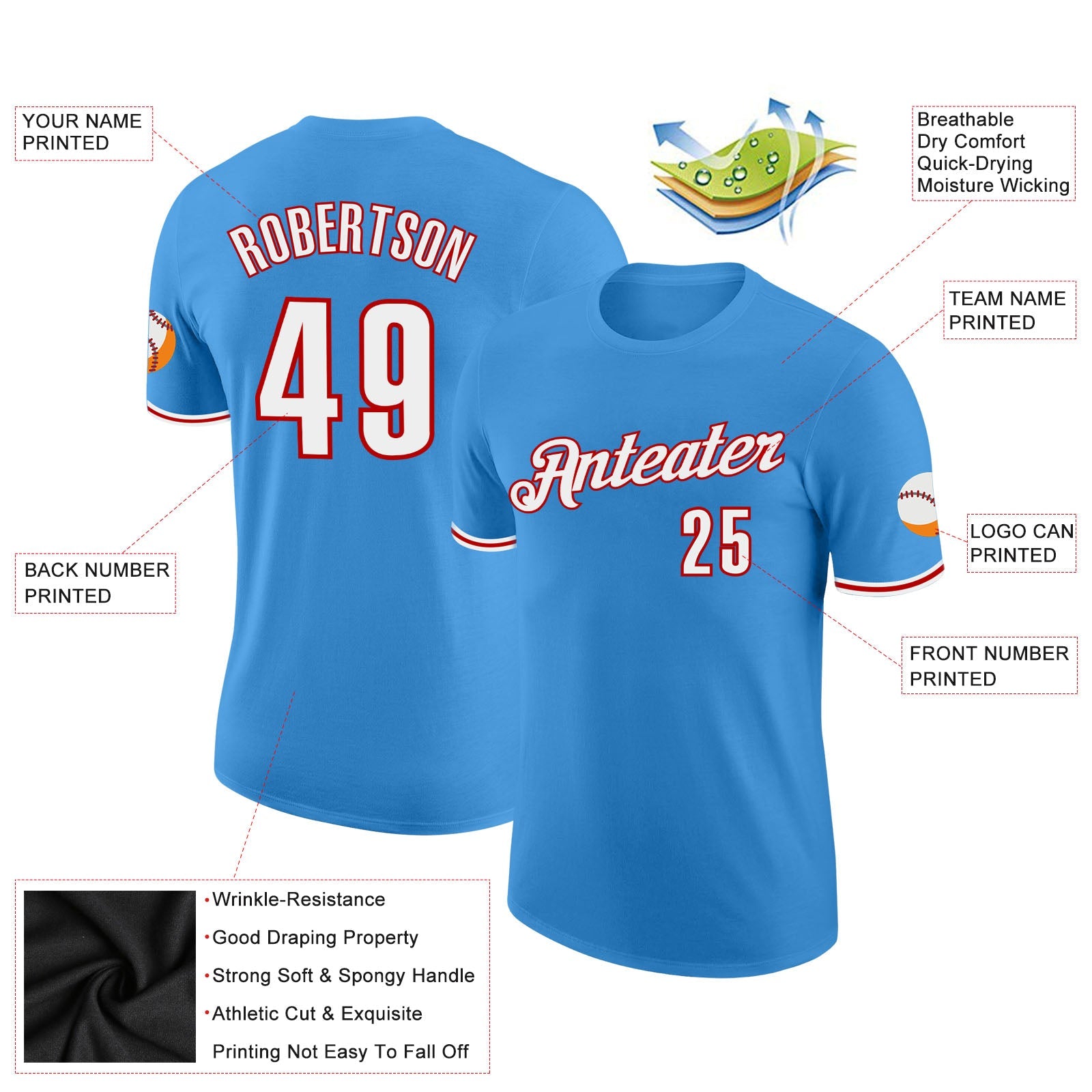 Custom Powder Blue White-Red Performance T-Shirt view 2