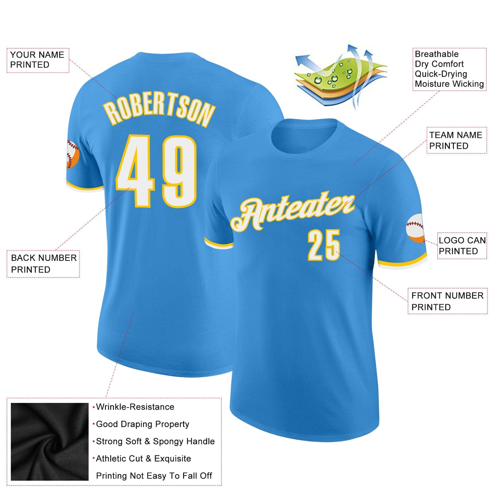 Custom Powder Blue White-Gold Performance T-Shirt view 2