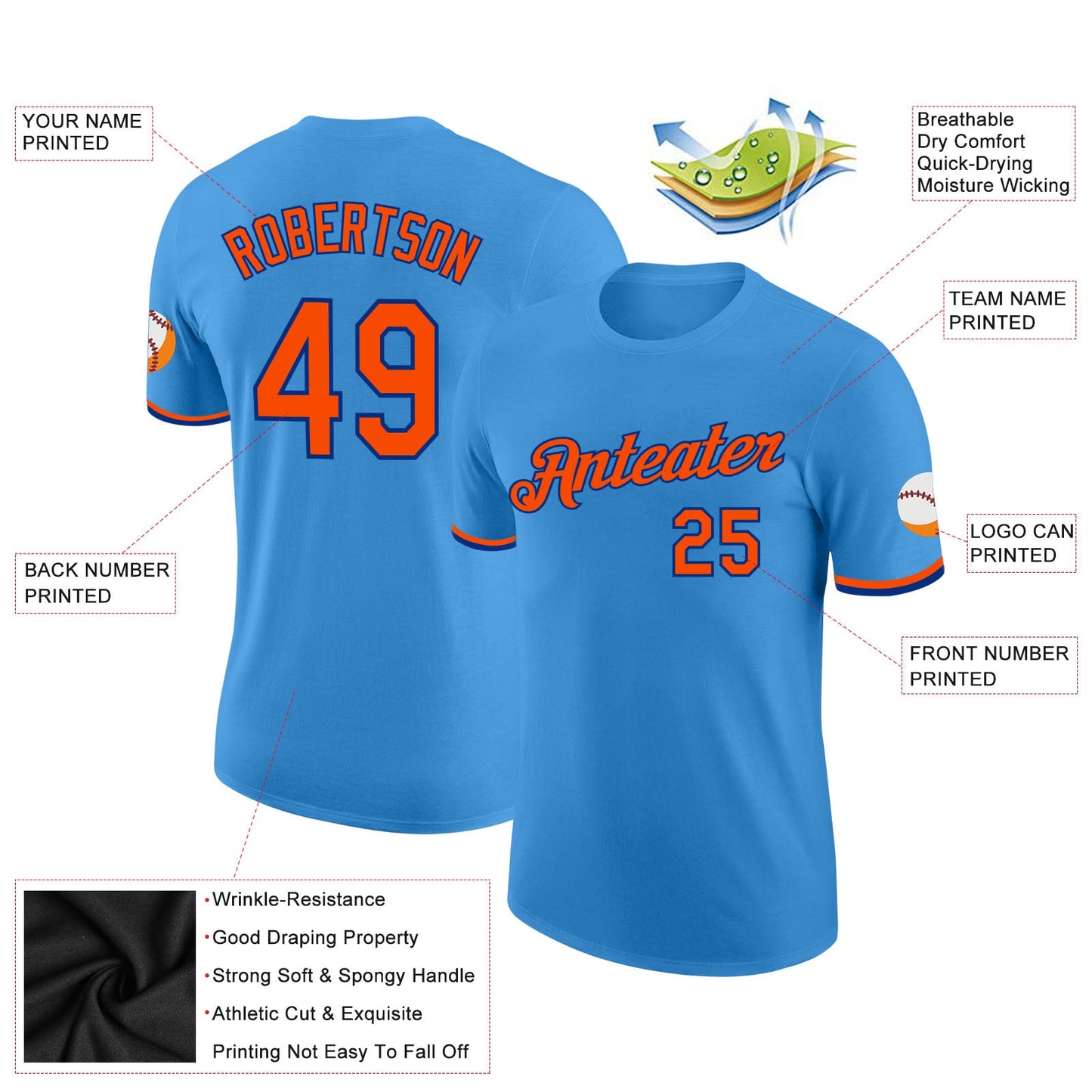 Custom Powder Blue Orange-Royal Performance T-Shirt view 2