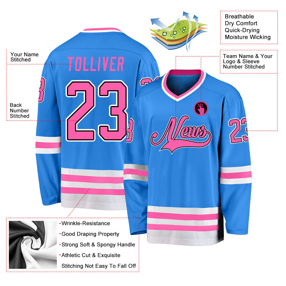 Custom Powder Blue Pink-Black Hockey Jersey view 2