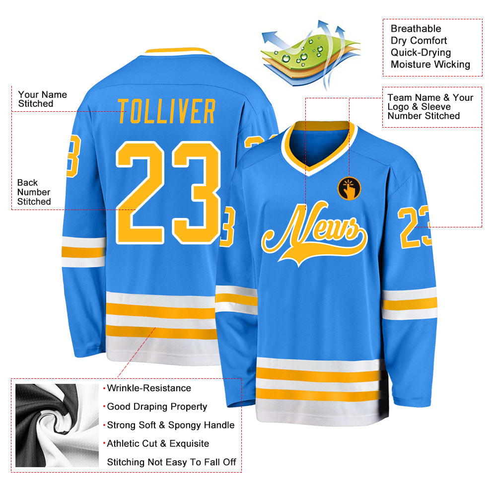 Custom Powder Blue Gold-White Hockey Jersey view 2