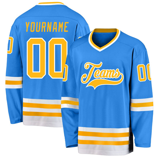 Custom Powder Blue Gold-White Hockey Jersey - Main View