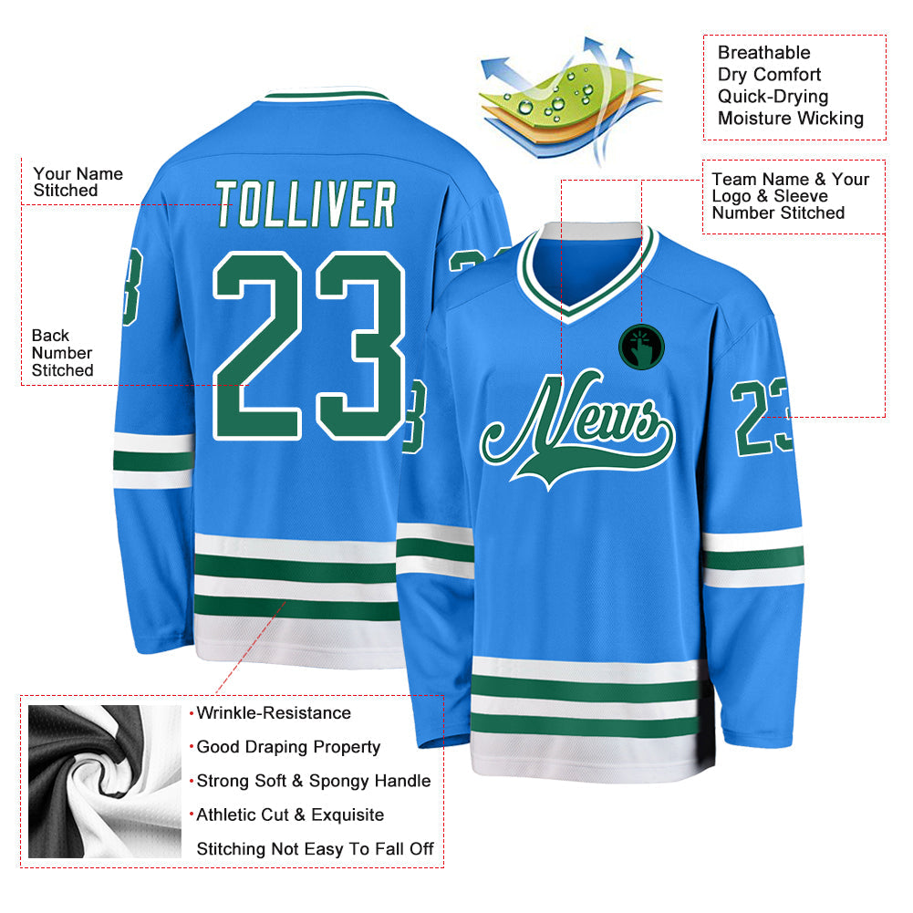 Custom Powder Blue Kelly Green-White Hockey Jersey view 2