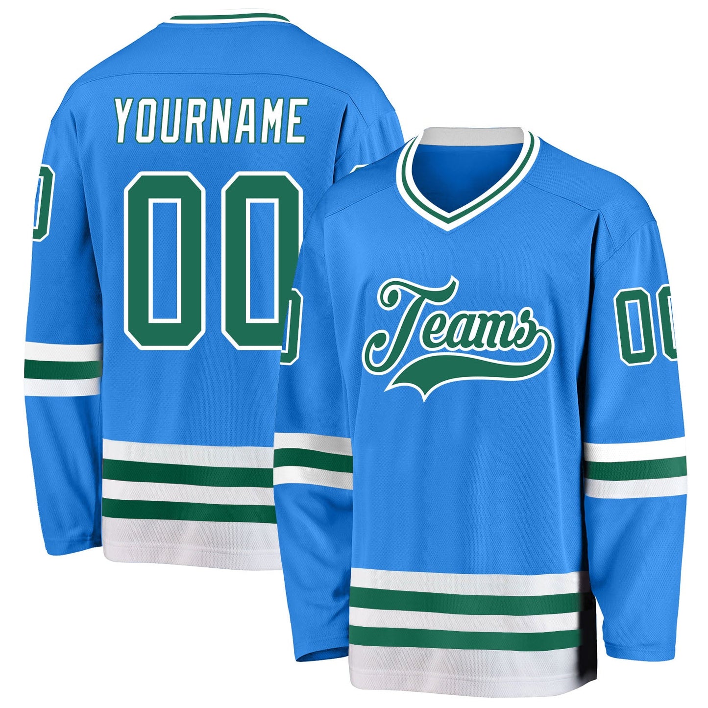 Custom Powder Blue Kelly Green-White Hockey Jersey - Main View