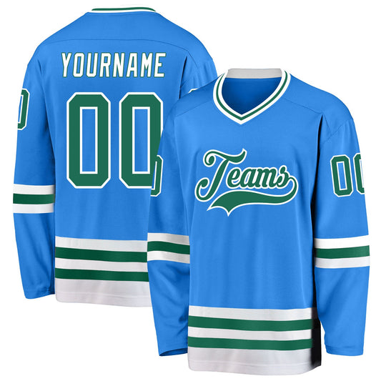 Custom Powder Blue Kelly Green-White Hockey Jersey - Main View