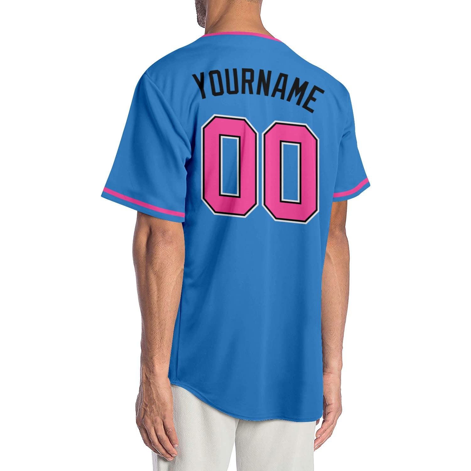 Custom Powder Blue Pink-Black Authentic Baseball Jersey view 2