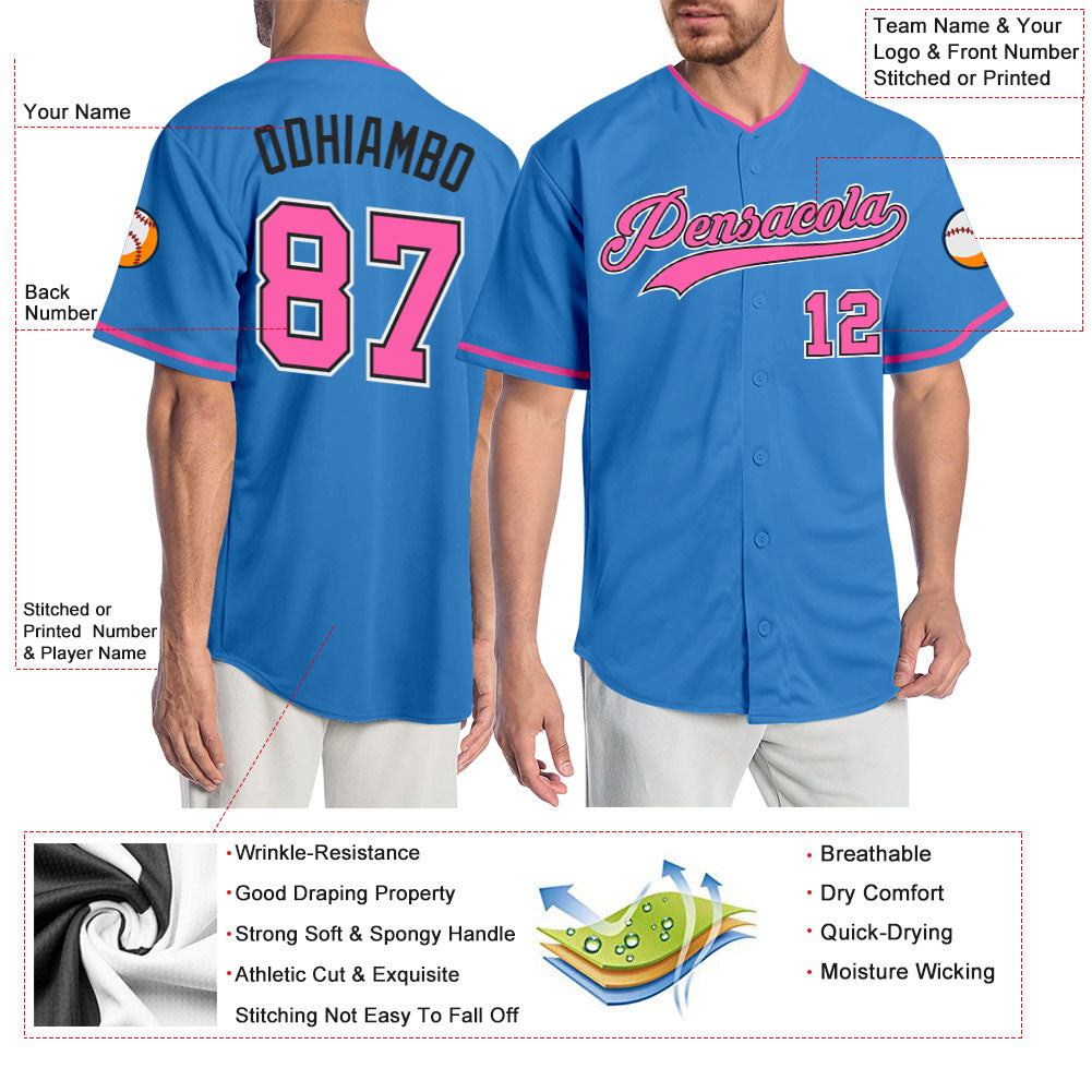 Custom Powder Blue Pink-Black Authentic Baseball Jersey view 3