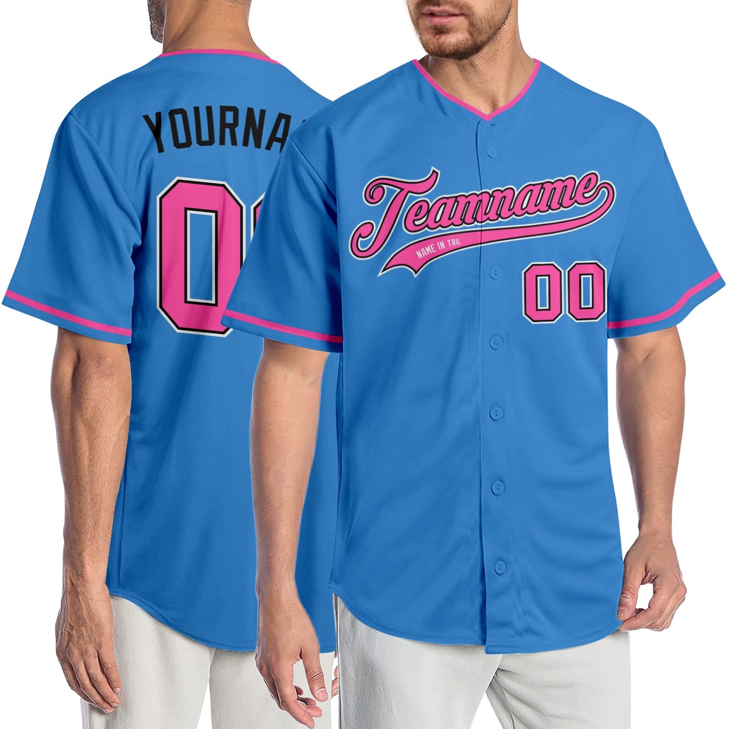Custom Powder Blue Pink-Black Authentic Baseball Jersey - Main View