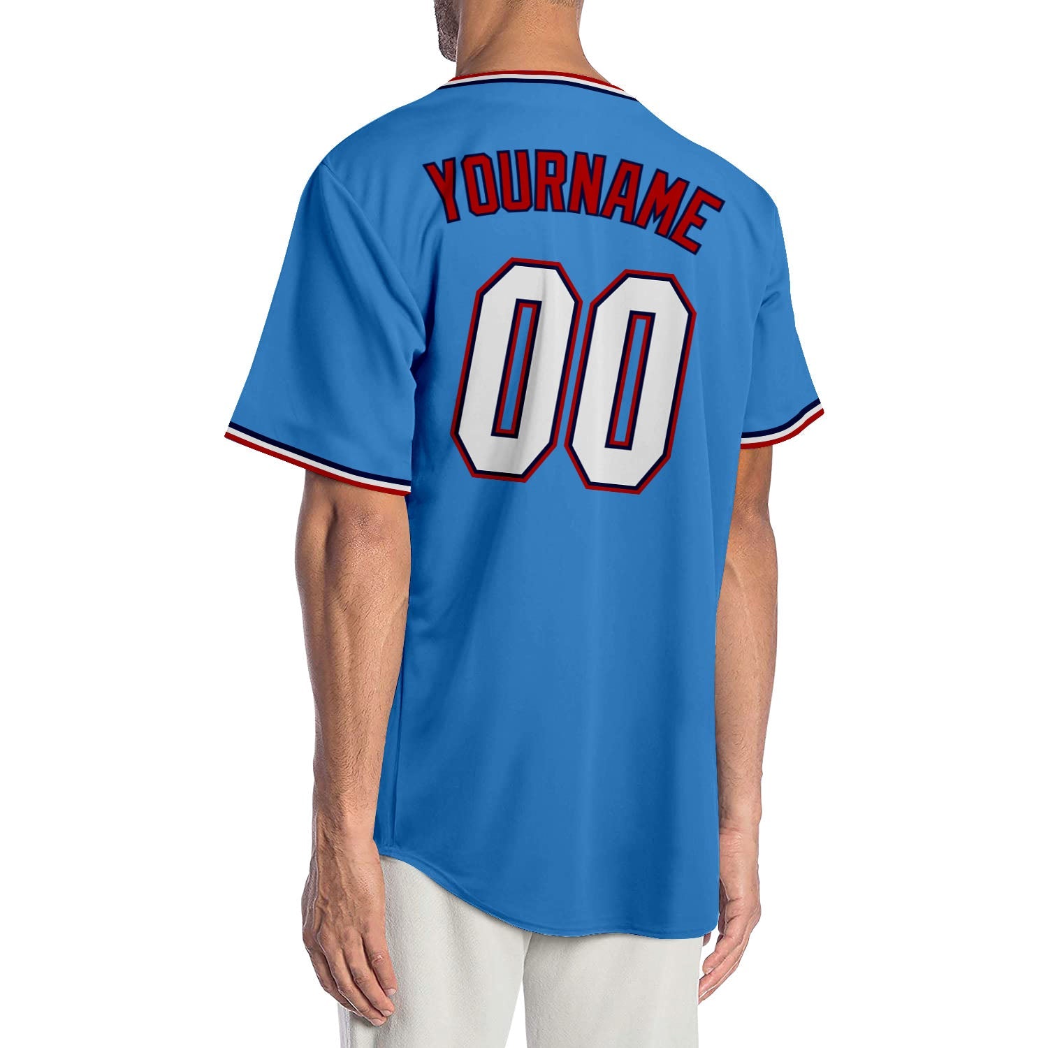 Custom Powder Blue White-Red Authentic Baseball Jersey view 2