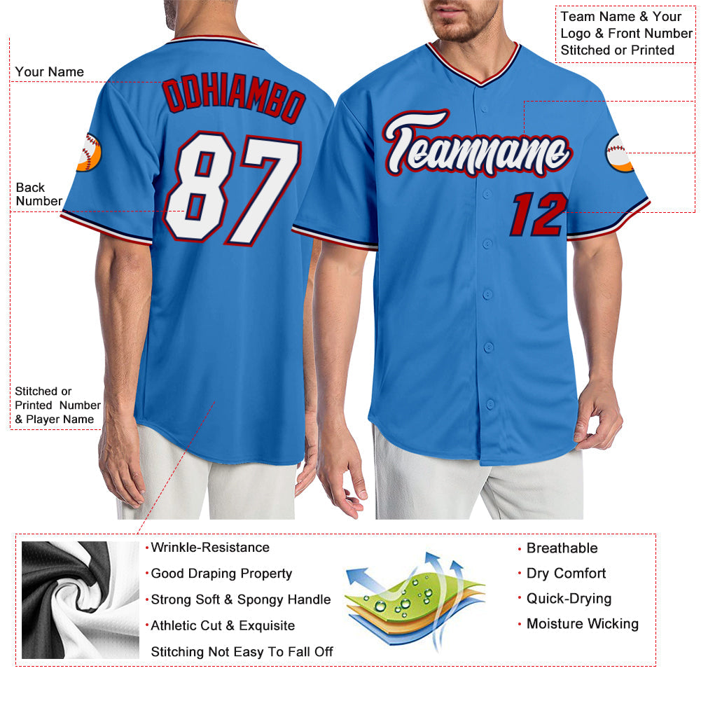 Custom Powder Blue White-Red Authentic Baseball Jersey view 3