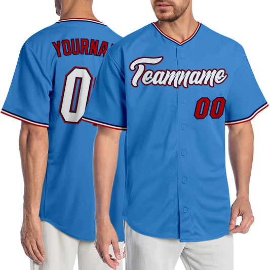 Custom Powder Blue White-Red Authentic Baseball Jersey - Main View