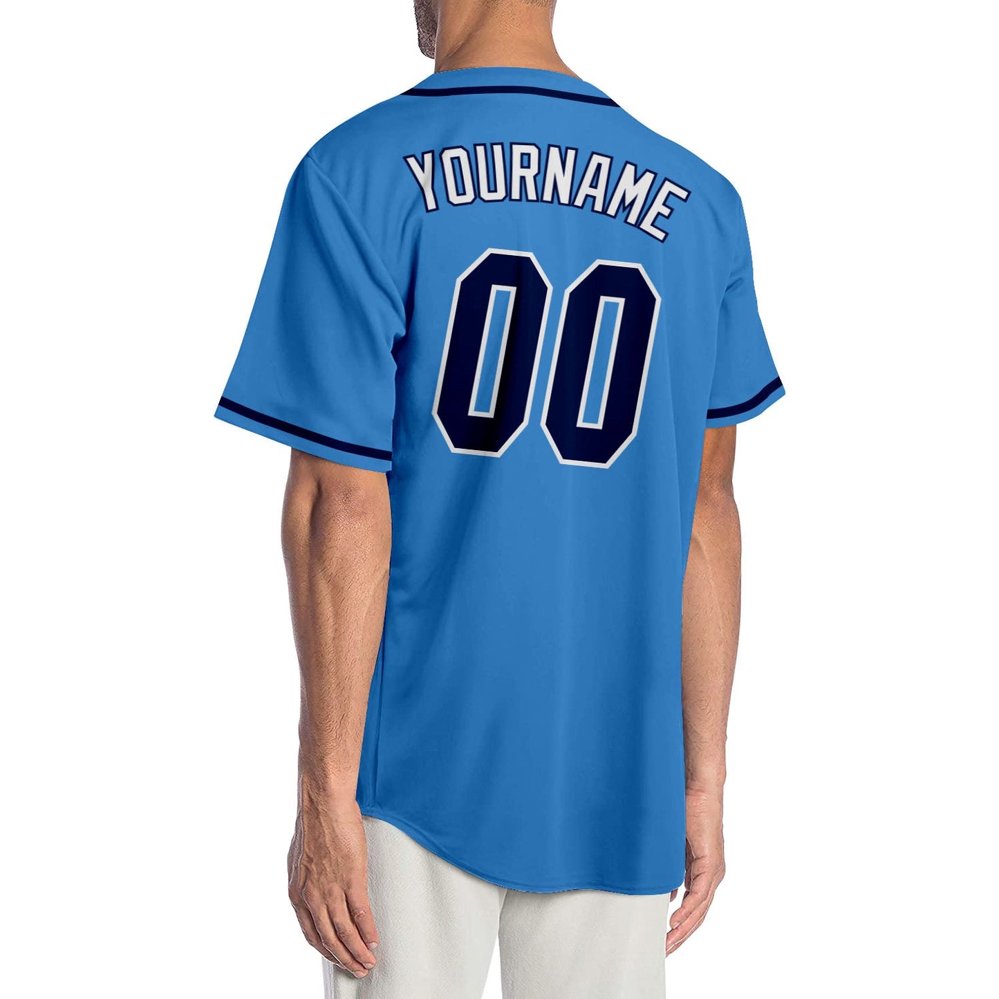 Custom Powder Blue Navy-White Authentic Baseball Jersey view 2