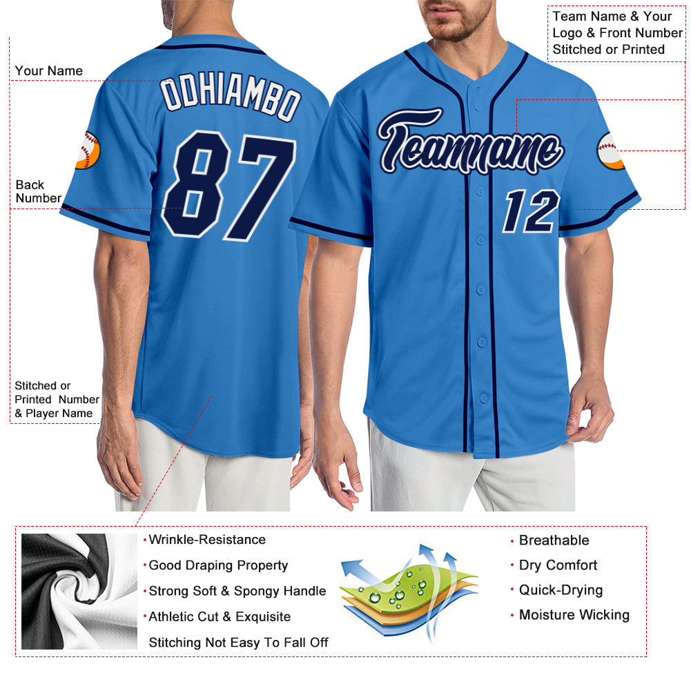 Custom Powder Blue Navy-White Authentic Baseball Jersey view 3