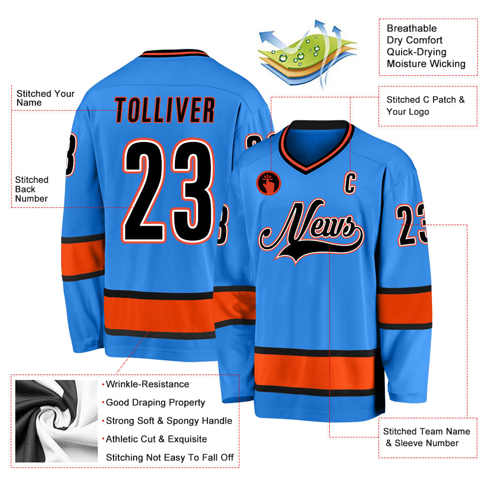 Custom Powder Blue Black-Orange Hockey Jersey view 2