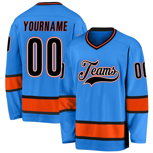 Custom Powder Blue Black-Orange Hockey Jersey - Main View