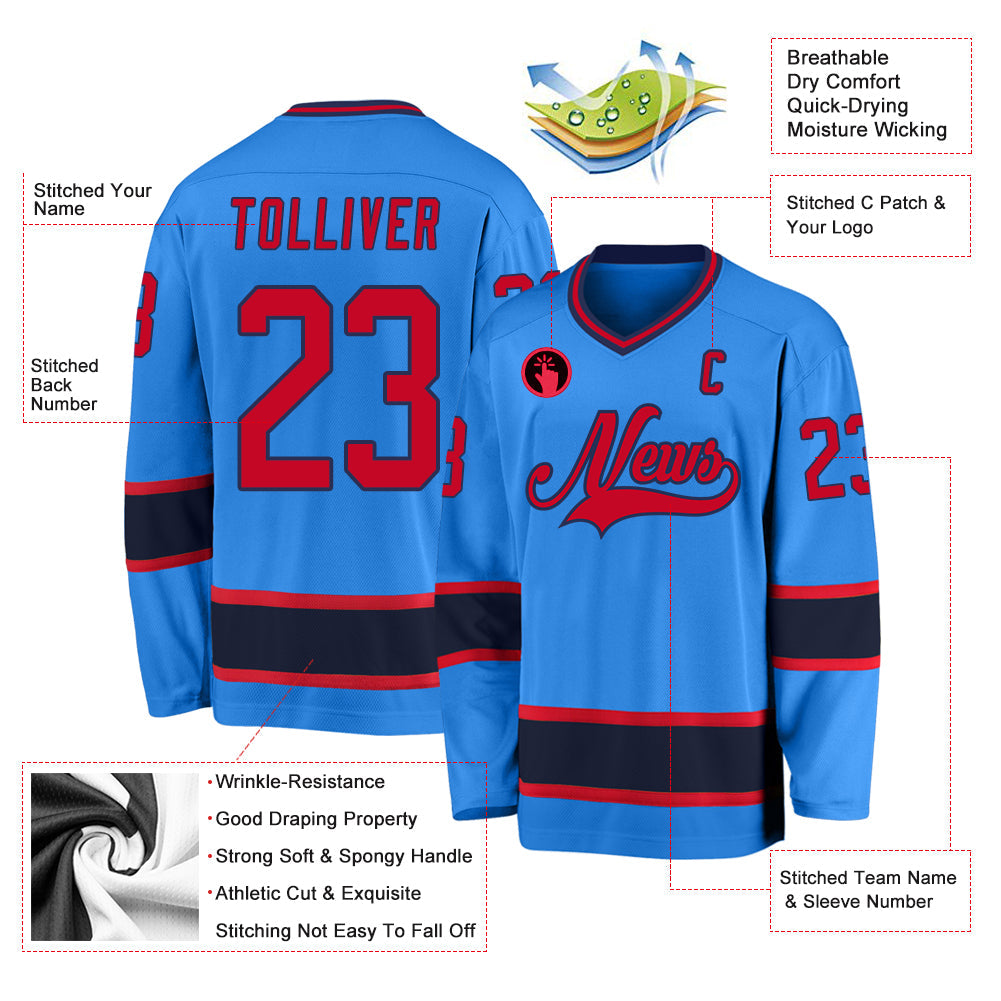 Custom Powder Blue Red-Navy Hockey Jersey view 2