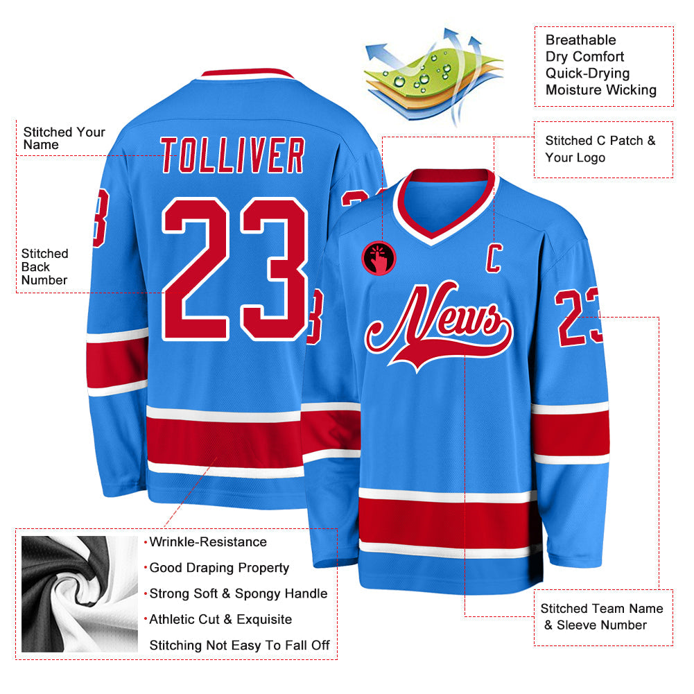 Custom Powder Blue Red-White Hockey Jersey view 2