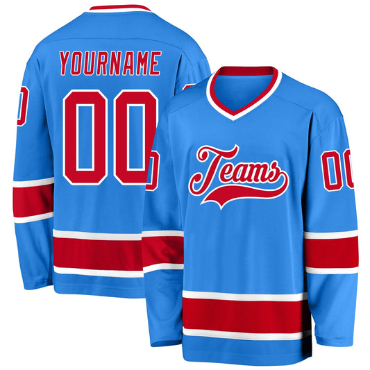 Custom Powder Blue Red-White Hockey Jersey - Main View