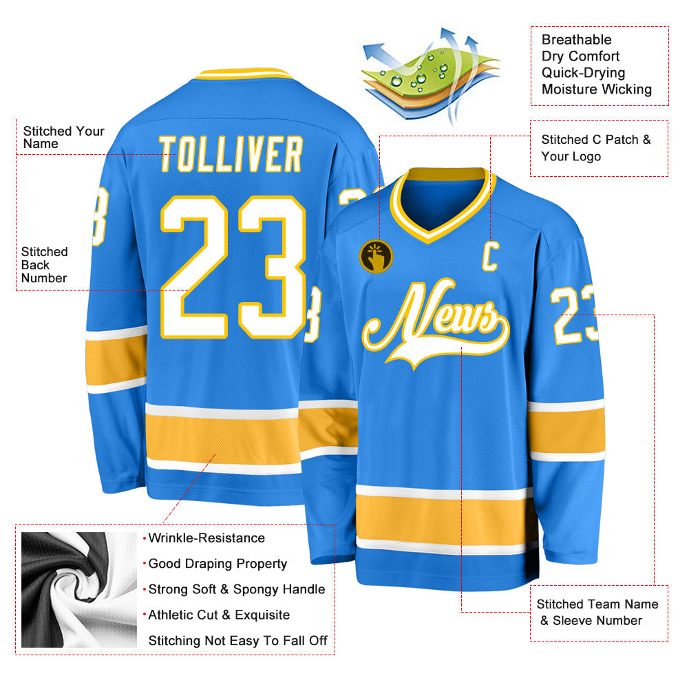 Custom Powder Blue White-Gold Hockey Jersey view 2