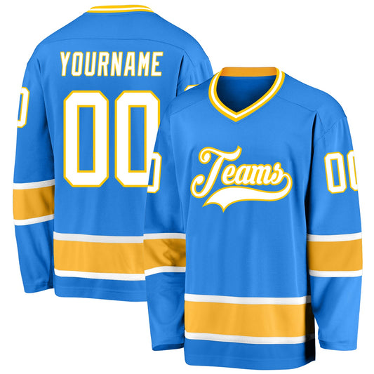 Custom Powder Blue White-Gold Hockey Jersey - Main View