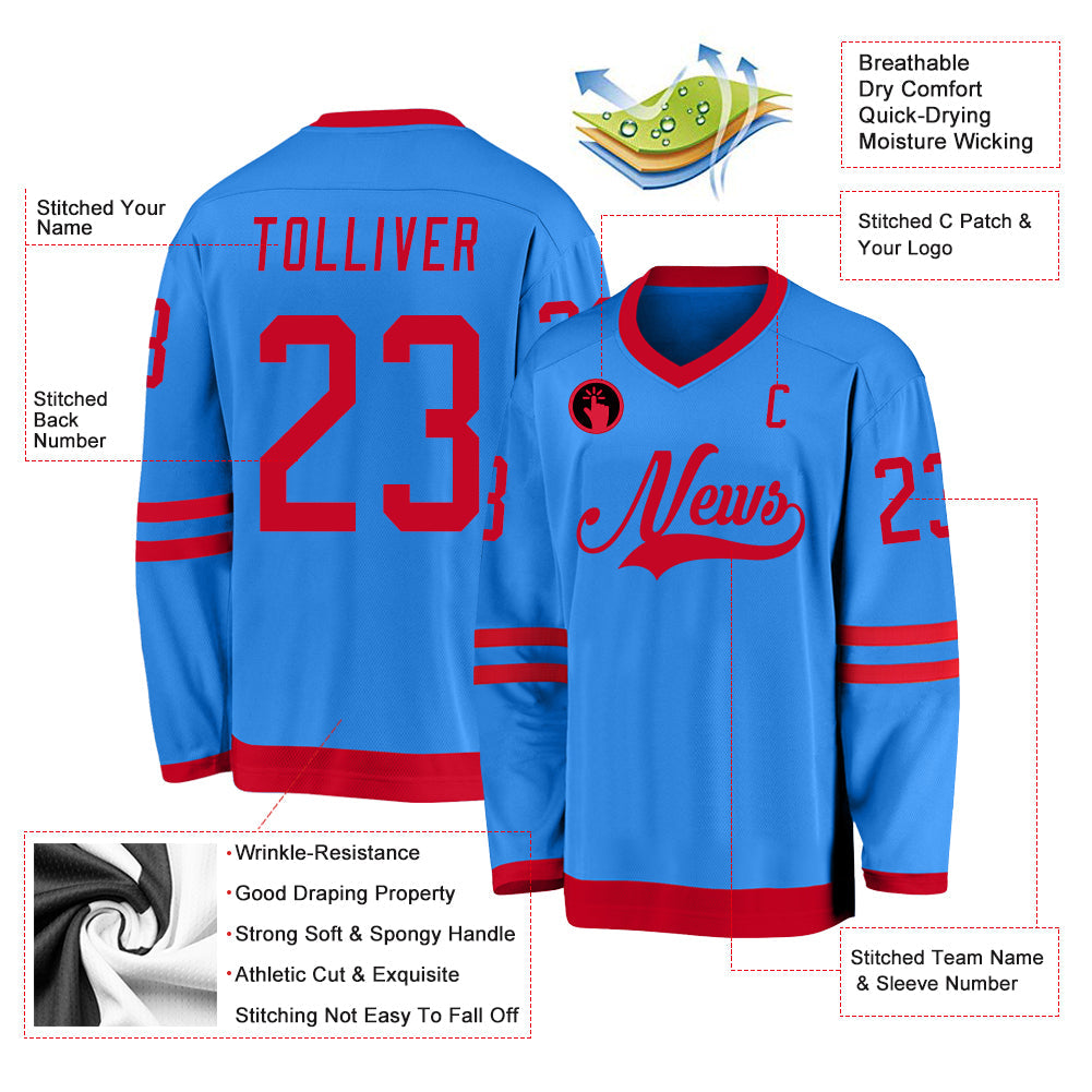 Custom Powder Blue Red Hockey Jersey view 2