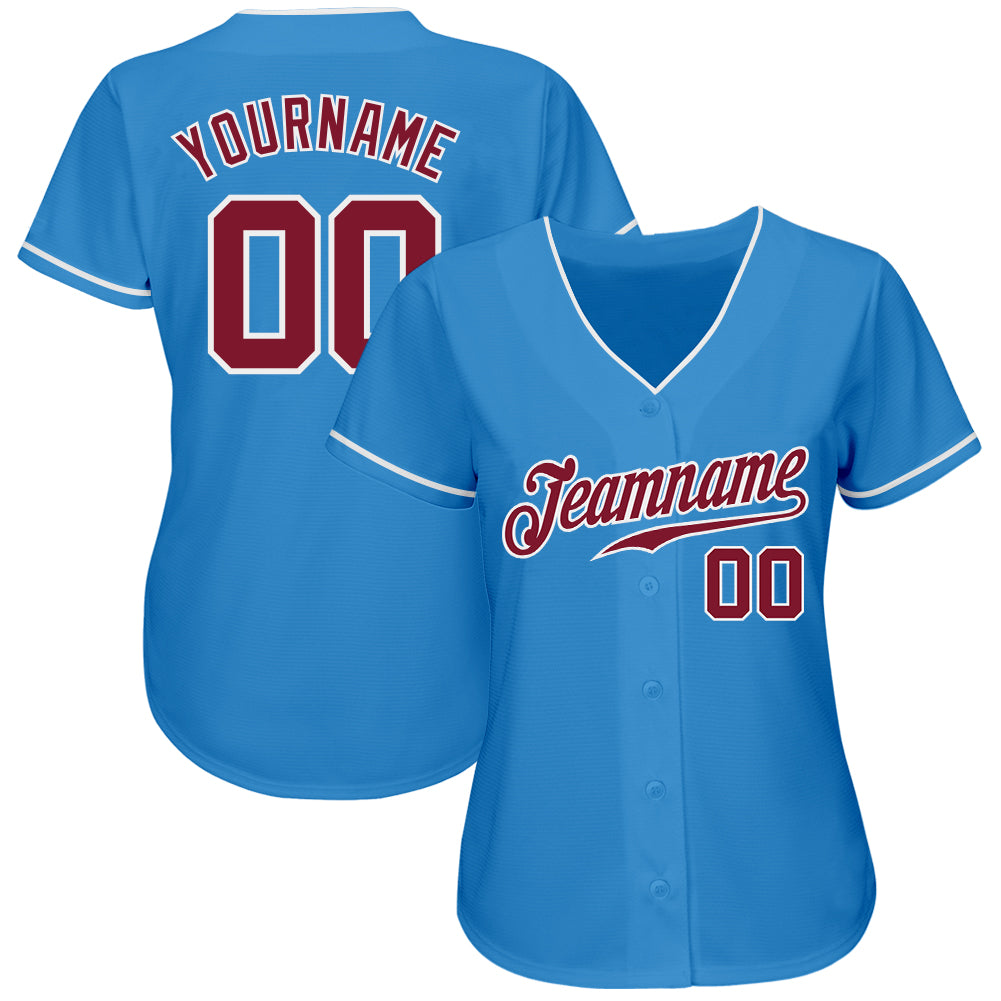 Custom Powder Blue Crimson-White Authentic Baseball Jersey view 3