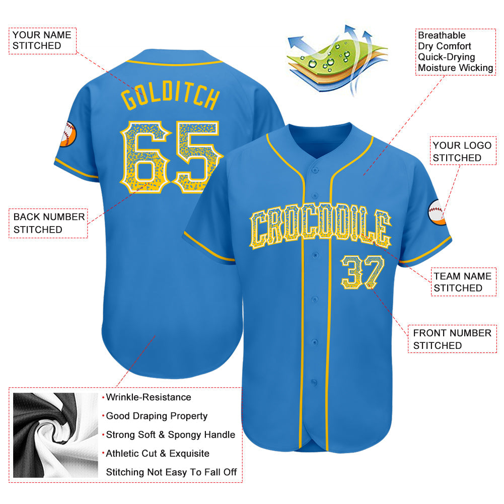 Custom Powder Blue Gold-White Authentic Drift Fashion Baseball Jersey view 3