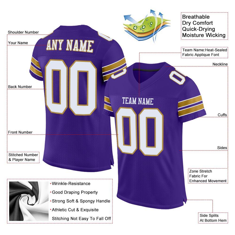 Custom Purple White-Old Gold Mesh Authentic Football Jersey view 4
